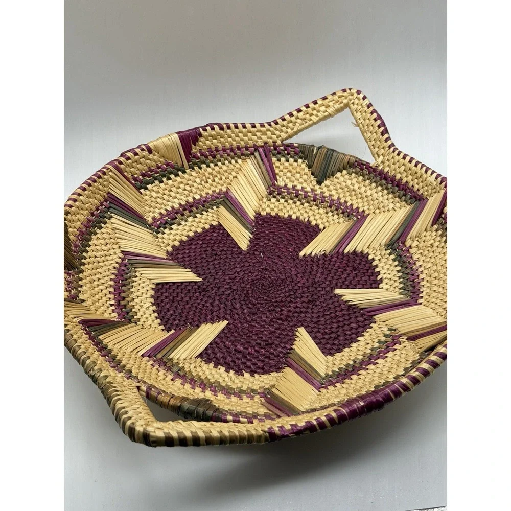 Handwoven African Wicker Basket Bowl Handles Boho Tribal Decor Purple & Green